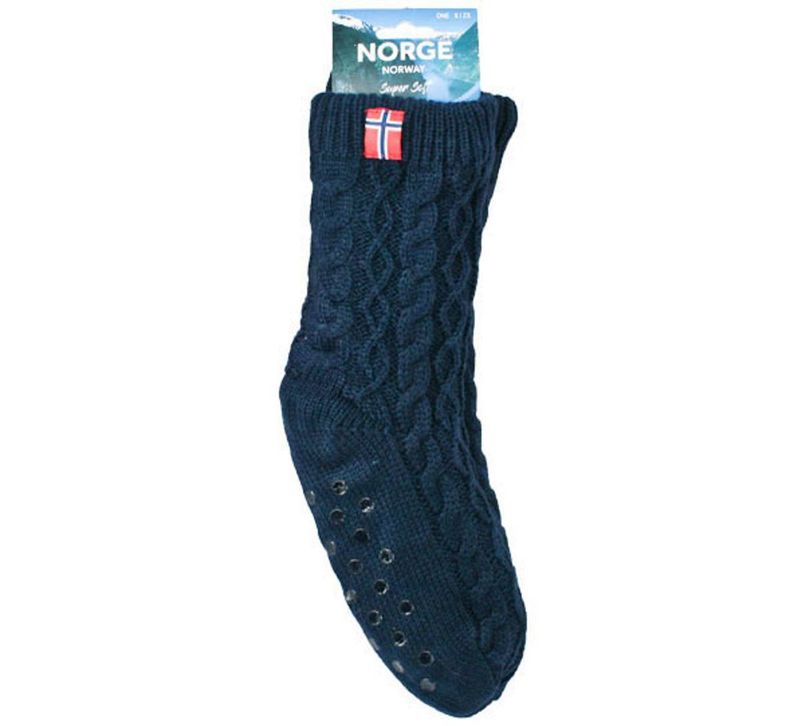 Sokker m. flettemønster, mørk blå, One-Size