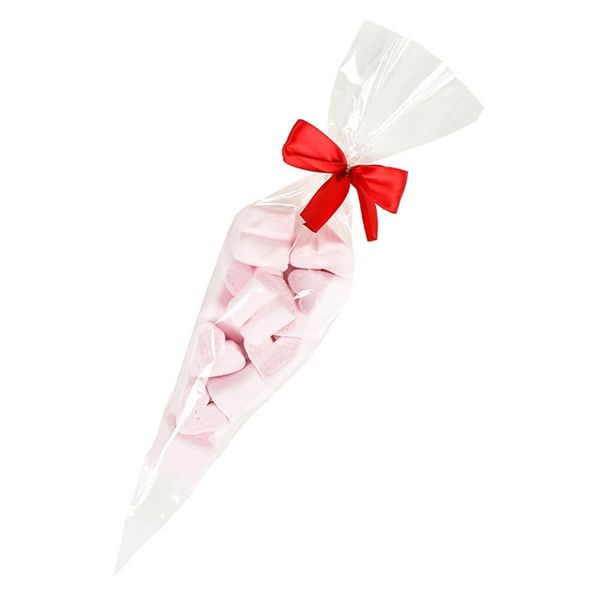 Hovedbilde  Marshmallow hjerter i spisspose med rød sløyfe