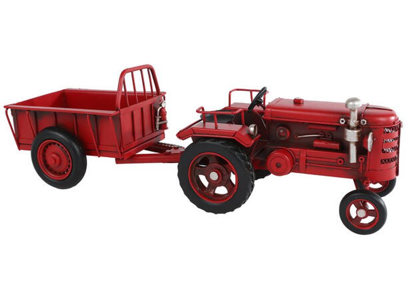 Traktor med henger rød metall 33x10 cm