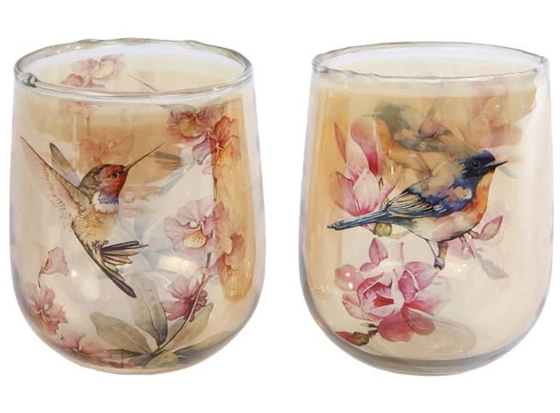 Lysglass fugler amber/rosa 8x10cm 2ass
