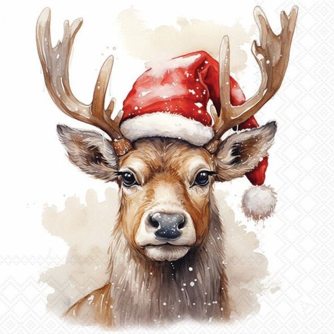 Hovedbilde Servietter Kaffe - Deer with Santa hat white 