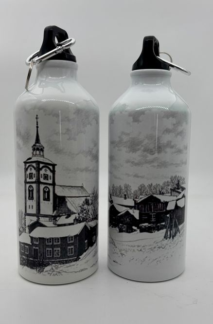 Hovedbilde Vannflaske, hvit med sort Røros-trykk, metall 0,5 ...